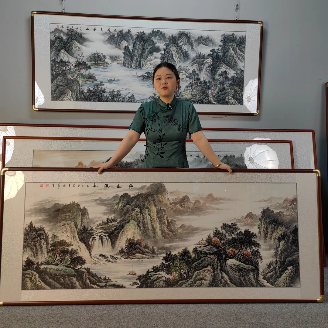 纯手绘源远流长168*62山水画中国画字画直播间