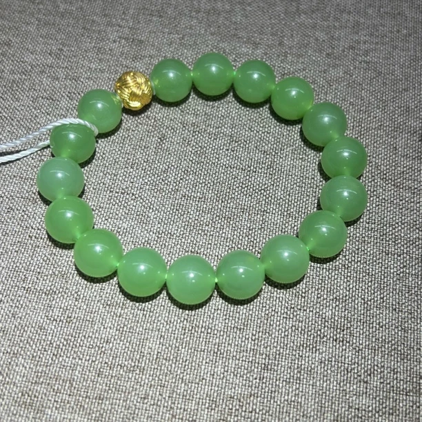 和田玉翠青手串冰透干净色辣10mm配18金珠
