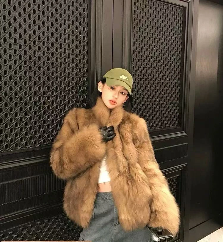 托卡毛外套女秋冬款气质百搭V领+立领毛茸上衣防寒33587#+33372#