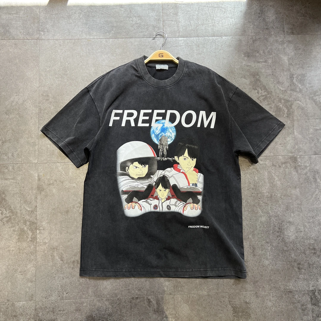 断码！圆领300g重磅小领口卡通太空人古着宽松做旧水洗短袖T恤美潮