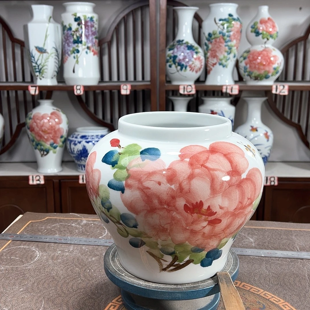 摆件景德镇陶瓷大口红牡花