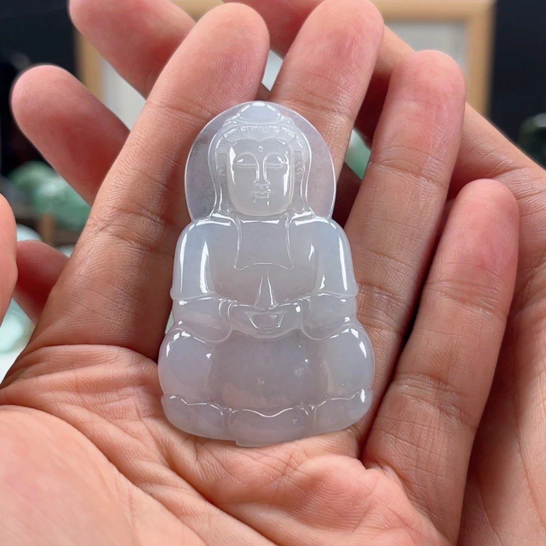 翡翠未镶嵌颈饰围***?正装观音缅甸天然翡翠A货糯冰种白月光