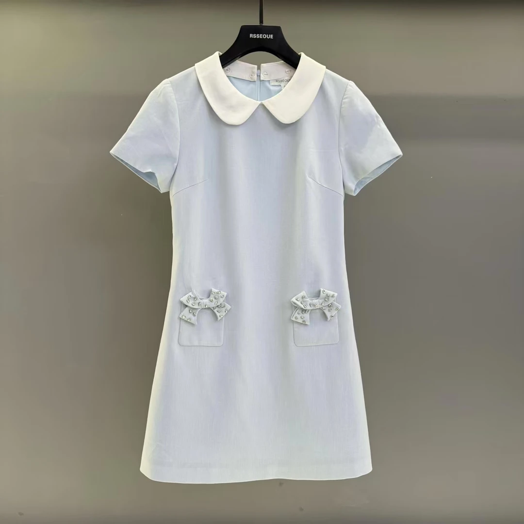 2025夏季新款优雅娃娃领拼接撞色镶钻蝴蝶结短袖连衣裙女