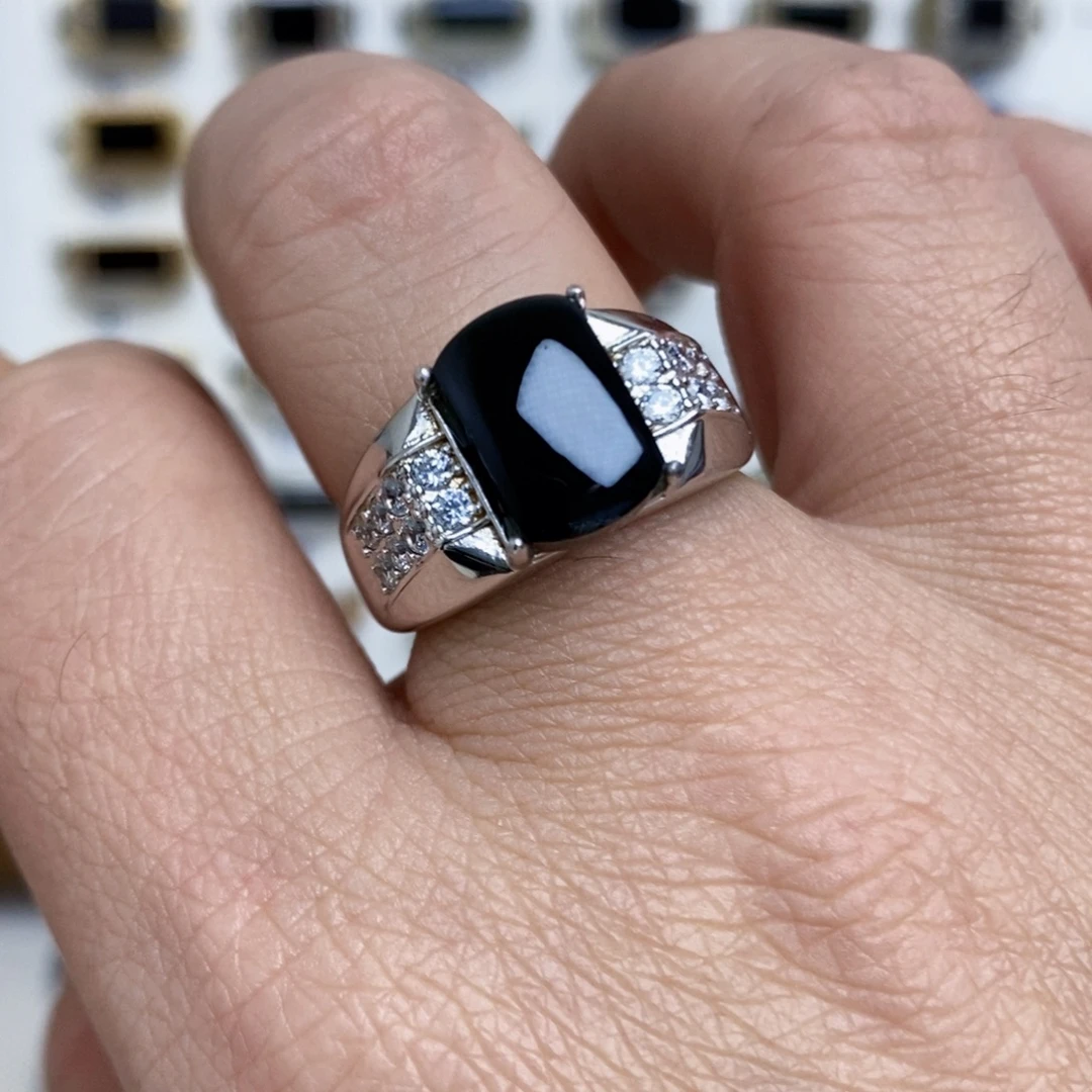 翡翠银S925镶嵌戒指墨翠戒指