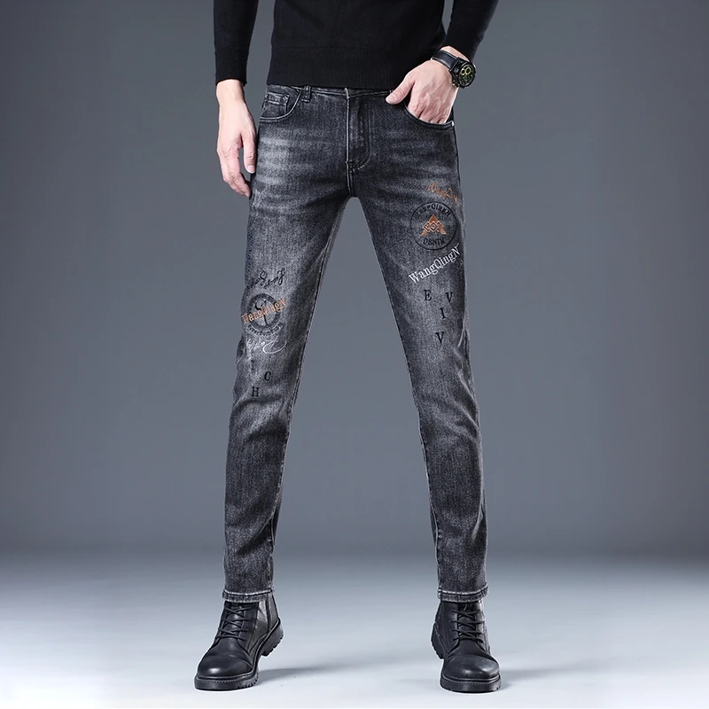JJ欧货潮牌刺绣牛仔裤男士秋冬季弹力修身小脚裤时尚百搭休闲长裤