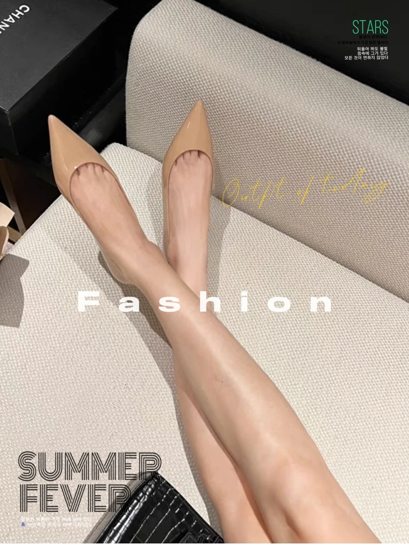 2024夏季新款法式气质尖头平底鞋女漆皮裸色配裙子浅口百搭单鞋