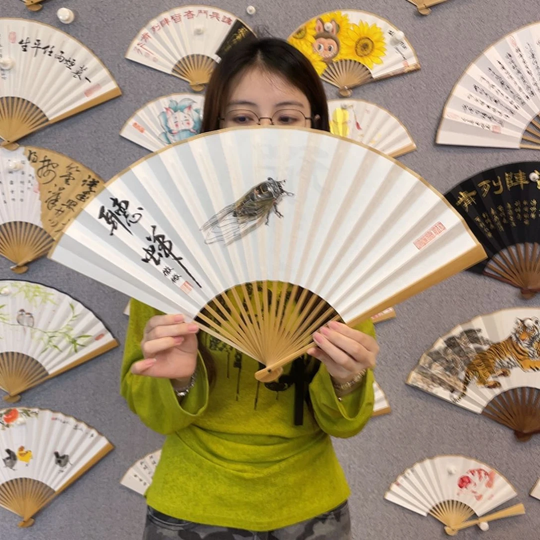 国画95寸玉竹-纯手绘-文玩扇骨（默认粘好）