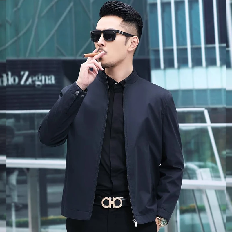 春秋新款高端休闲夹克男士轻奢时尚立领茄克男款100%纯棉透气外套