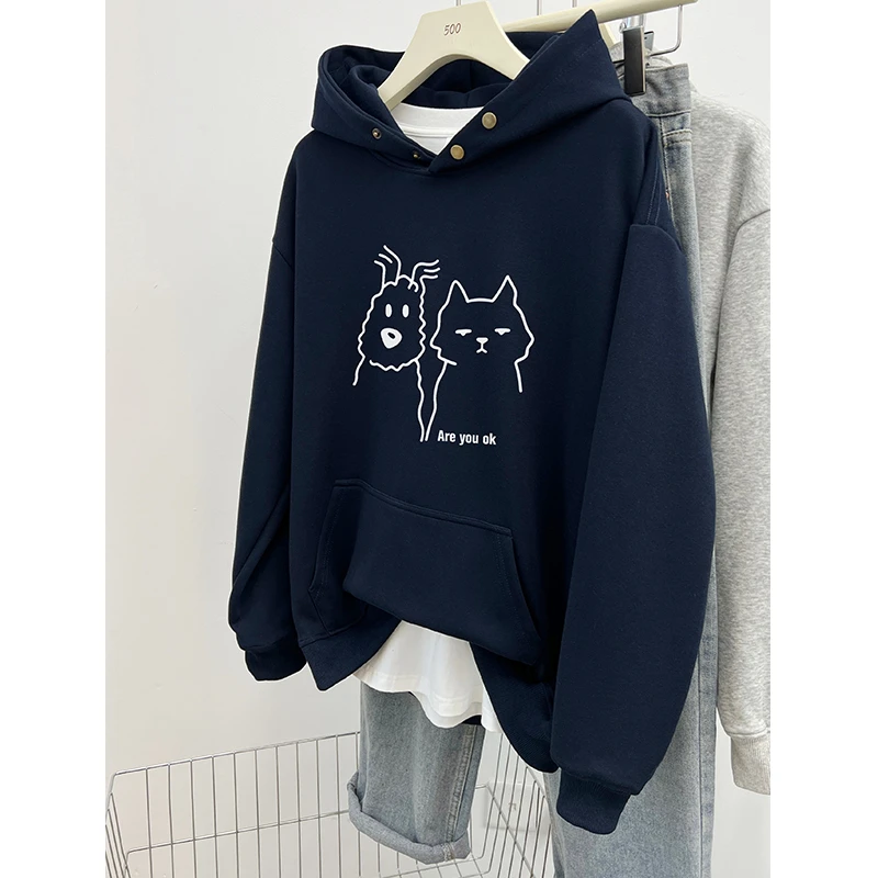 重磅纽扣连帽卫衣女2025秋冬季加绒加厚设计感宽松大码套头上衣潮