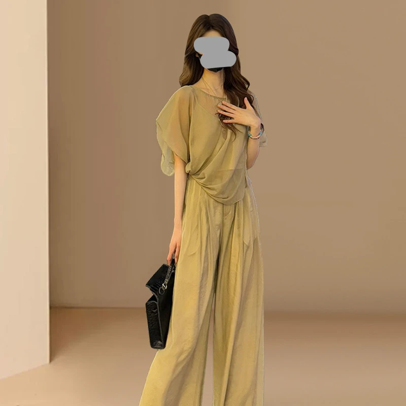 韩系休闲气质套装女夏2025新款洋气网纱小衫吊带背心阔腿裤三件套