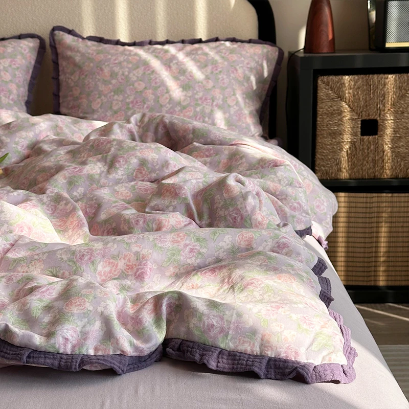 A类母婴级全棉双层纱床上四件套法式皱皱花边纯棉被套床单三件套