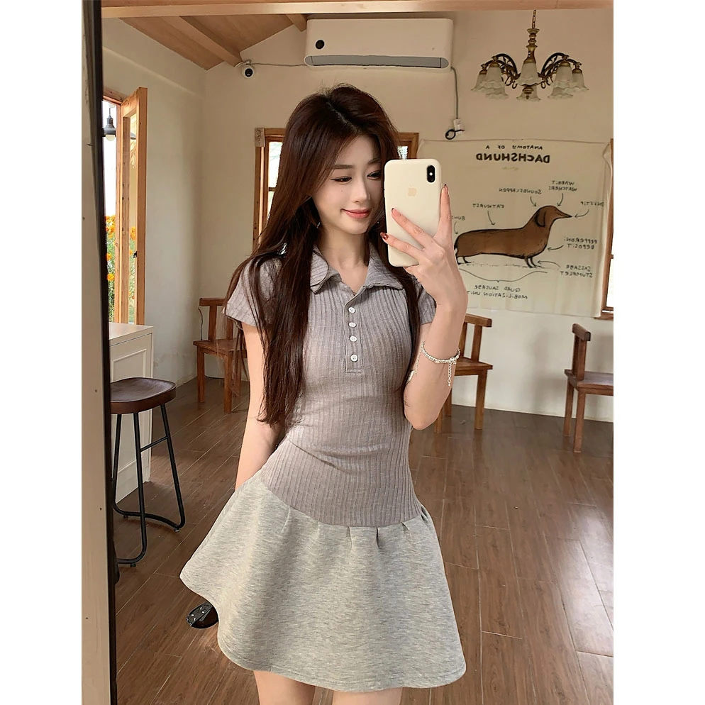 美式学院风polo领短袖连衣裙女2025早春新款收腰显瘦拼接灰色短裙