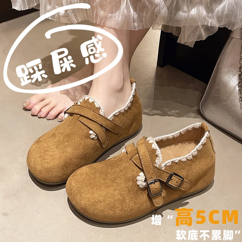丑萌复古可爱大头勃肯鞋女款2025秋季新款一脚蹬内增高女鞋子单鞋