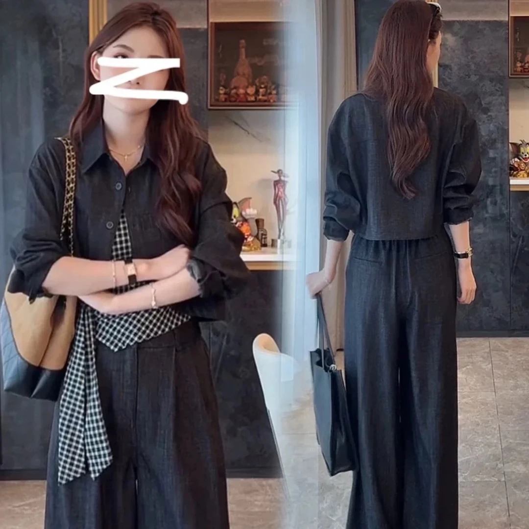 叮当家【三件套】格子牛仔吊带外套套装女2025秋款洋气休闲裤三件套