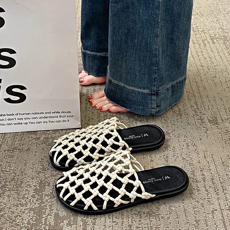 镂空编织ins修面夏季包头包头拖网红坡跟平底凉拖