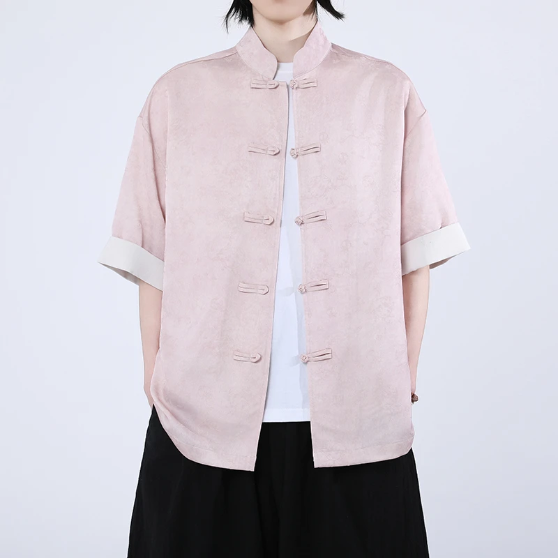 夏季中国风男装短袖衬衫男宽松半袖休闲百搭盘扣男士立领衬衣男潮