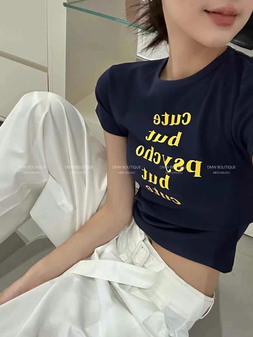 美式撞色百搭正肩字母修身圆领印花t恤女#红黄字母