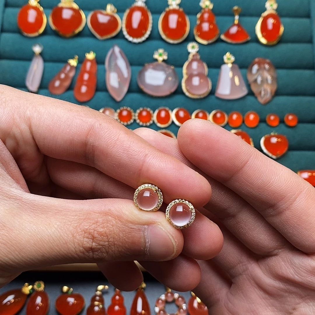 南红玛瑙银S925镶嵌耳饰