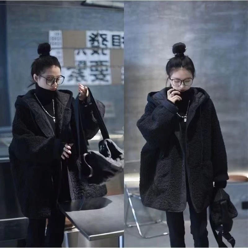 夹棉加厚毛毛连帽新款羊羔中长款棉服韩版冬季夹克宽松外套上衣