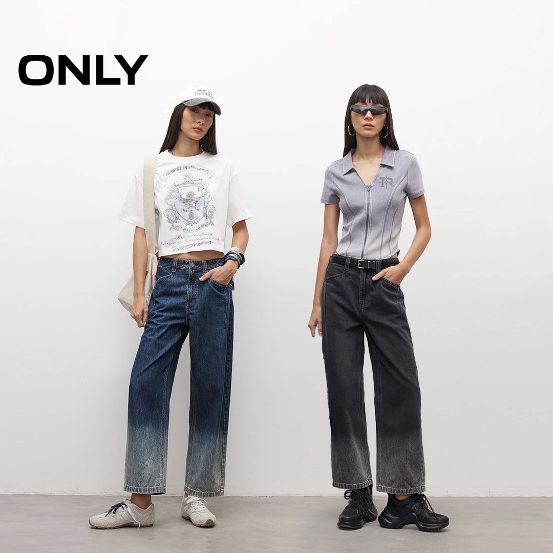ONLY秋季高腰渐变宽松直筒裤七分裤牛仔裤女|12526I002