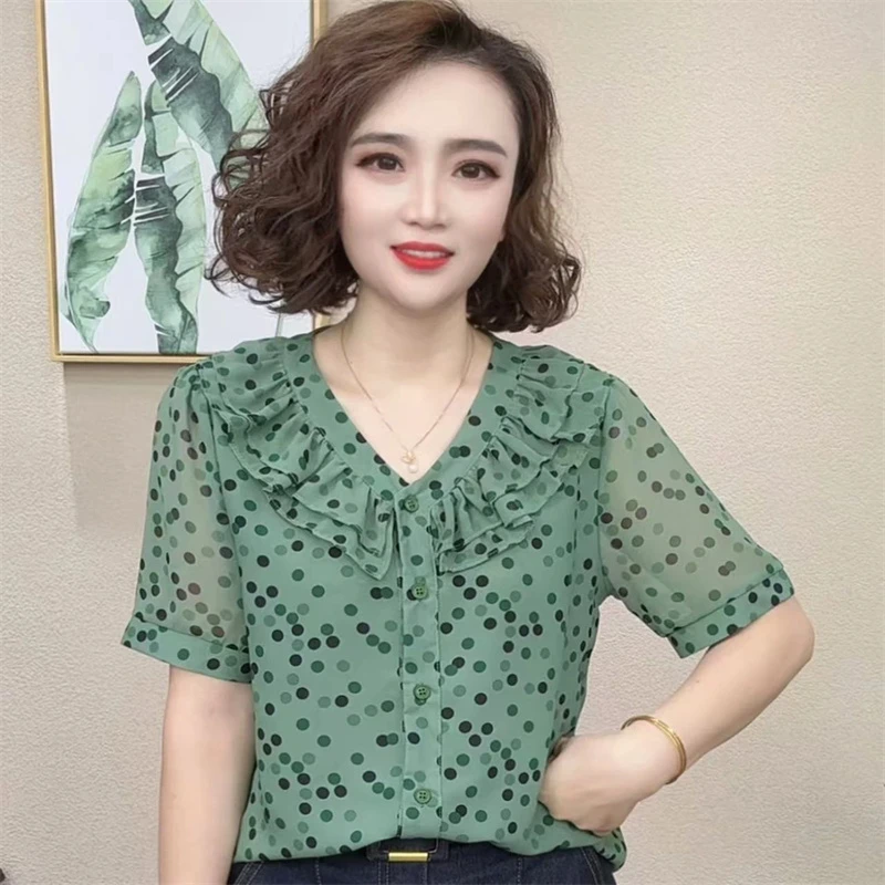 2025夏季显瘦短袖V领静奢风印花波点百搭T恤#74952