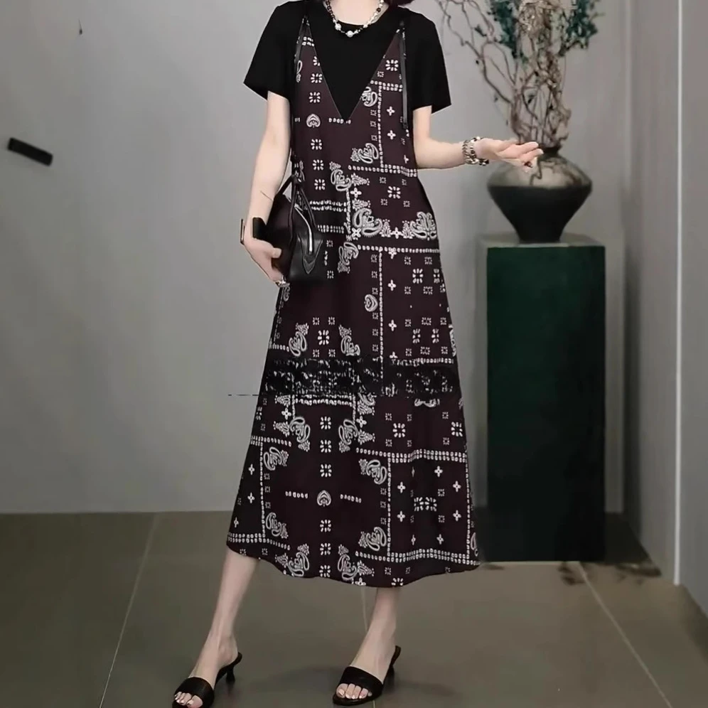 复古女装吊带常规袖休闲暮夏几何几何假两件吊带连衣裙