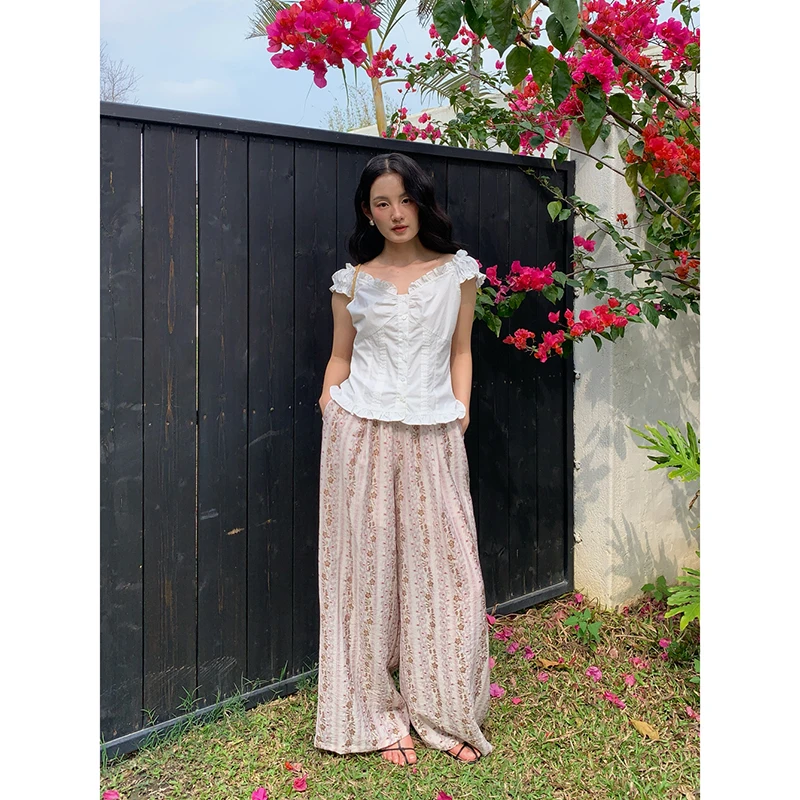 NEWOPEN休闲裤女夏2025新款裤子碎花亲肤透气松紧宽松阔腿裤S5082