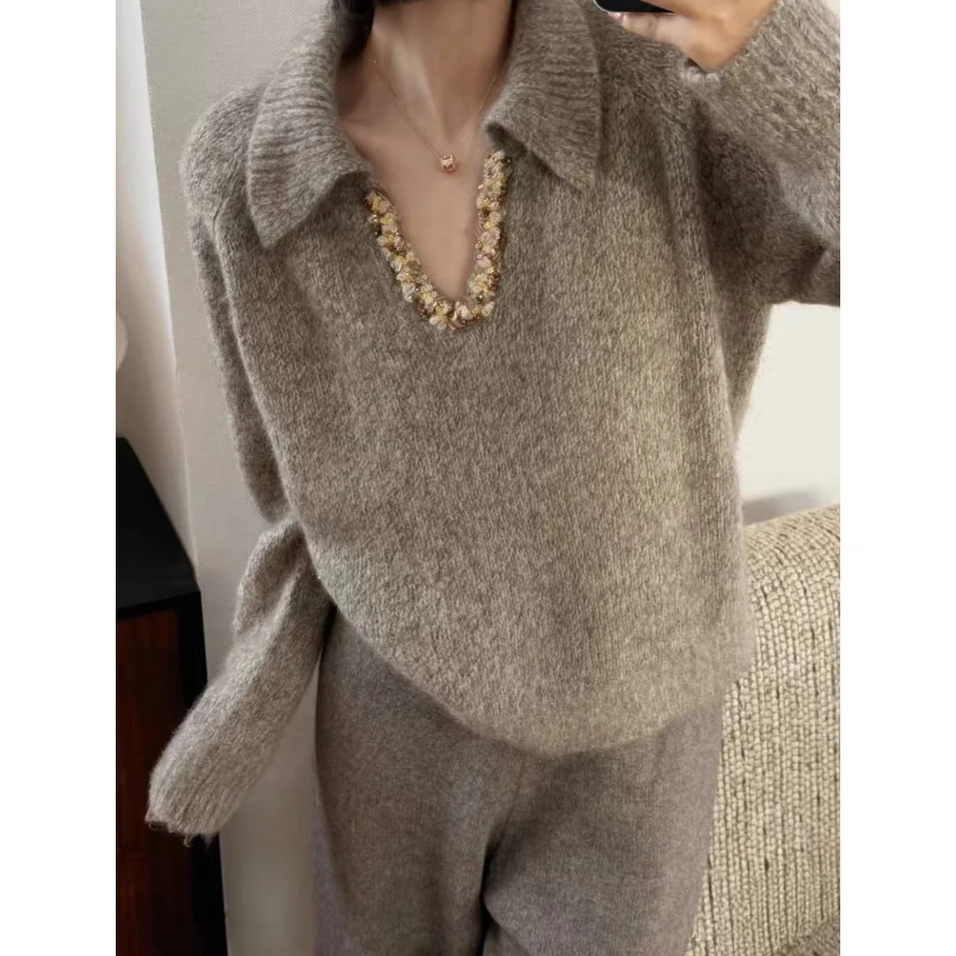 欧货特种纱线重工钉珠毛衣女秋冬新款宽松软糯气质显瘦打底衫上衣