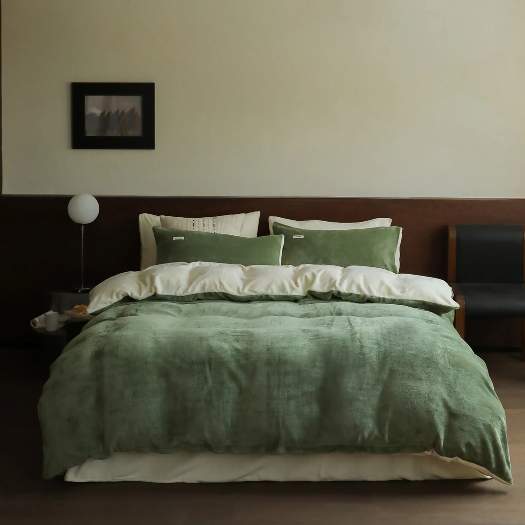 加厚保暖牛奶绒四件套简约纯色双拼全消光牛奶绒单人床单1.8床笠