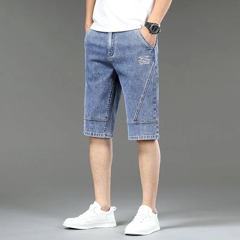 夏日新品拼接牛仔短裤男夏季薄款印花男士休闲中裤时尚风情七分裤