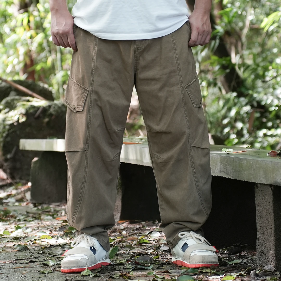 美式复古水洗多口袋弯刀休闲裤男街头纯色宽松百搭阔腿工装长裤