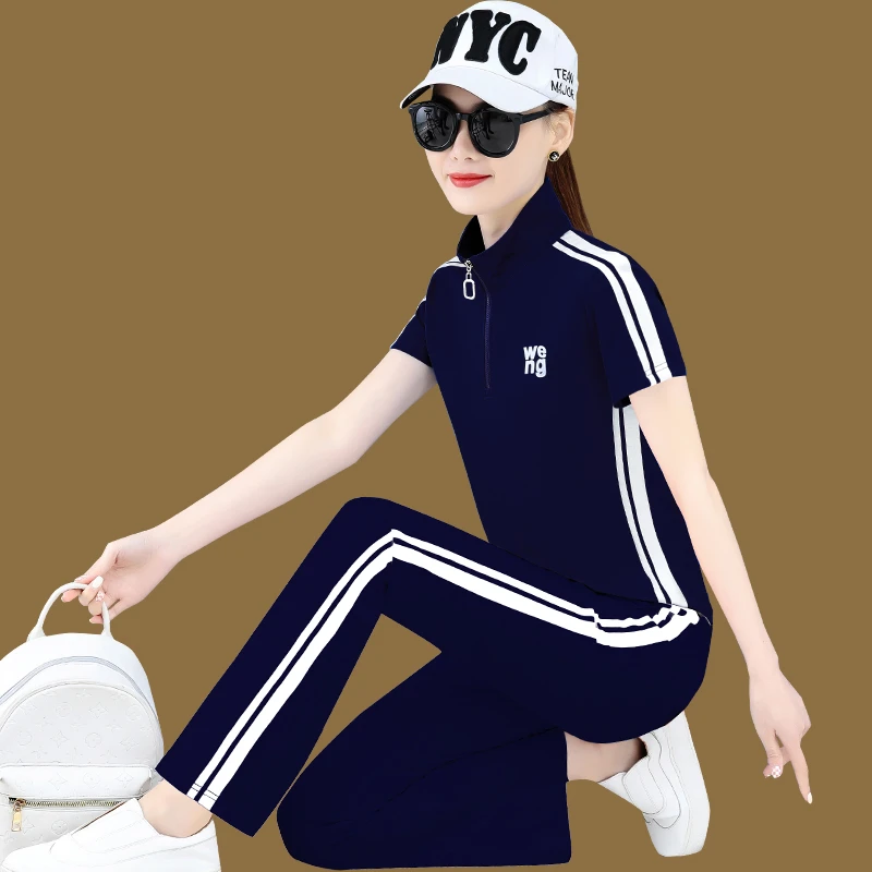 运动套装女夏季薄款2025新款洋气显瘦冰丝短袖长裤休闲大码两件套