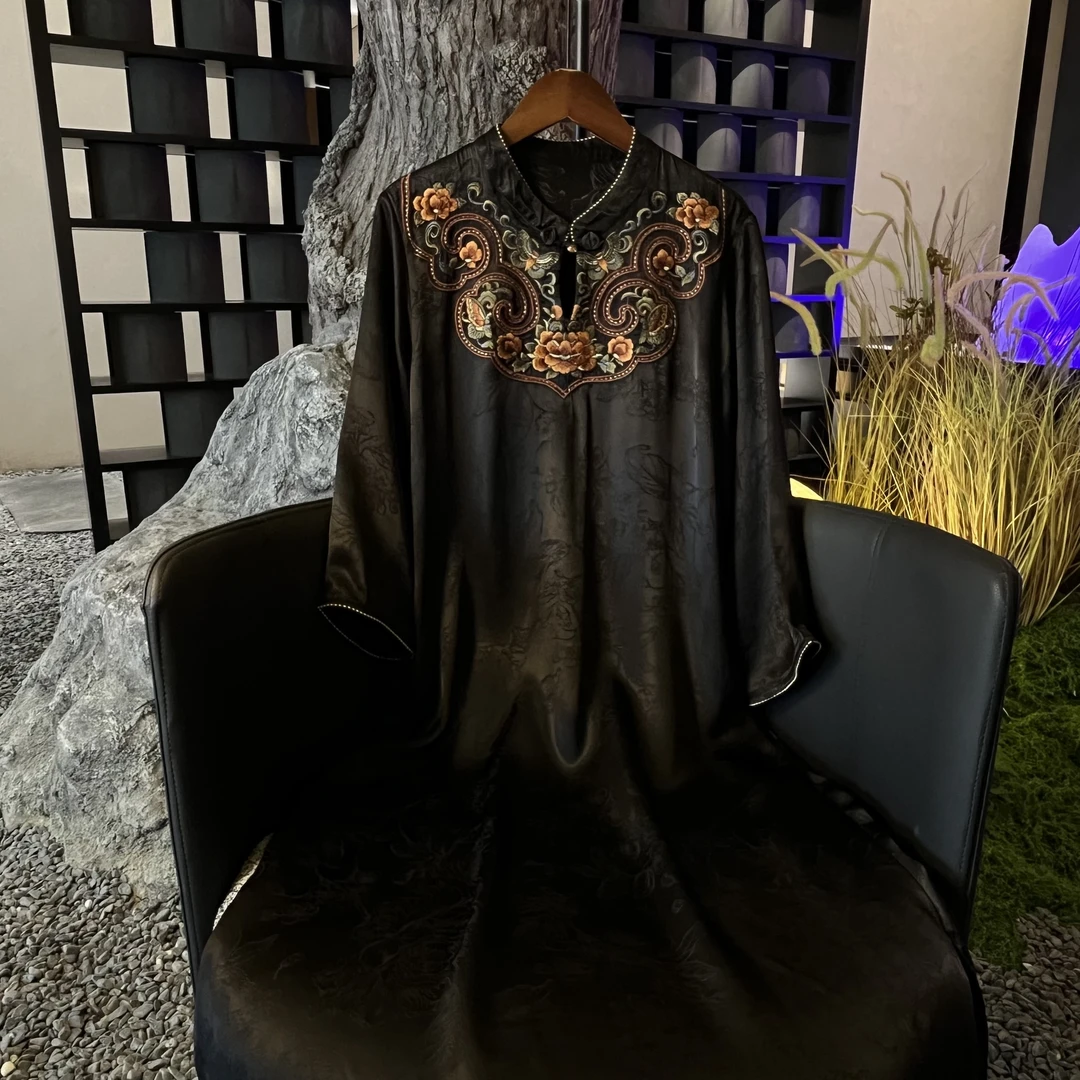 【茹梦令】春季2025新款新中式连身裙女国风显瘦立领绣花人丝连衣裙