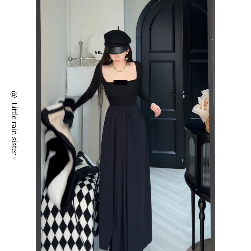 孙妍新款【奥黛小黑裙】时尚气质方领修身显瘦长袖针织拼接连衣裙