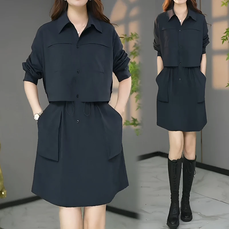 洋气设计感衬衣领连衣裙女2025春秋新款韩版工装收腰显瘦休闲裙子