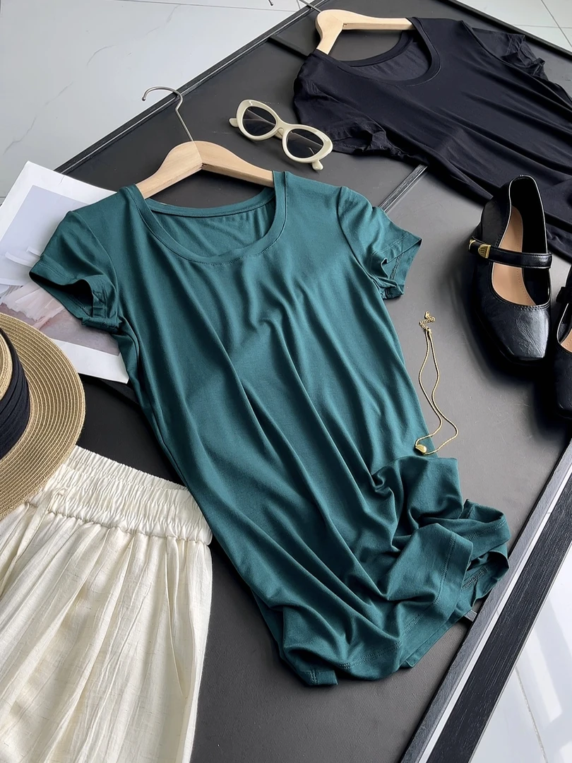 软糯弹力修身基础款纯色圆领黑色T恤春夏新款内搭绿色上衣