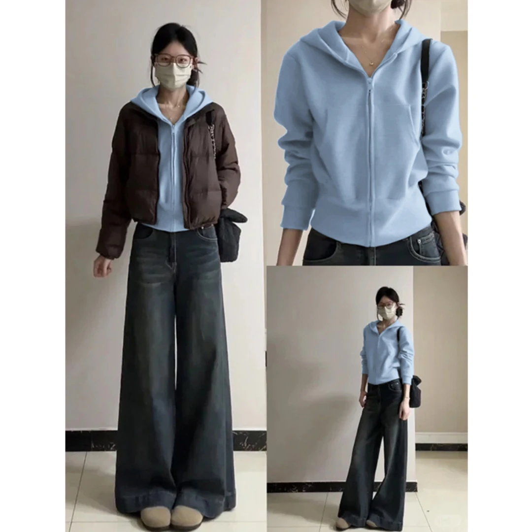 韩系连帽拉链开衫短款卫衣女秋冬加绒加厚显瘦天蓝色外套保暖上衣