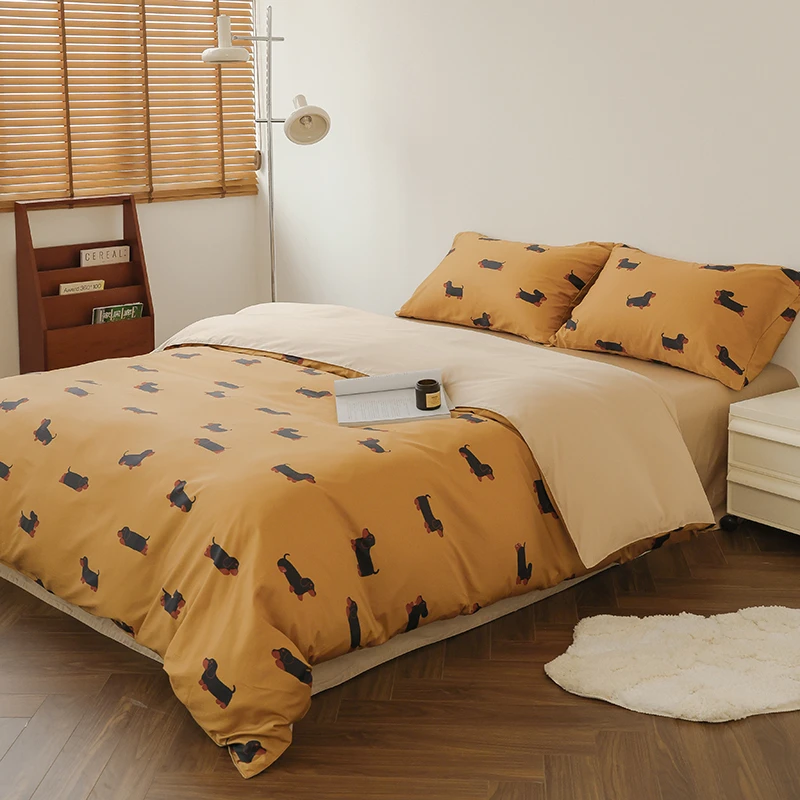 焦糖腊肠狗 插画师原创100支长绒棉贡缎床上四件套全棉 丝滑裸睡
