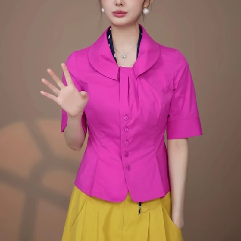 玫红色简约衬衫女夏季2025时尚显瘦减龄收腰高级感超好看气质上衣