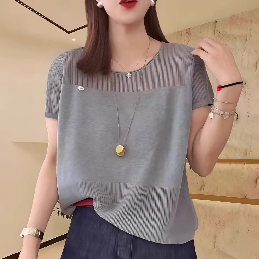 【清仓】镂空薄款灰色针织衫女大码微胖MM夏季短袖t恤高级感百