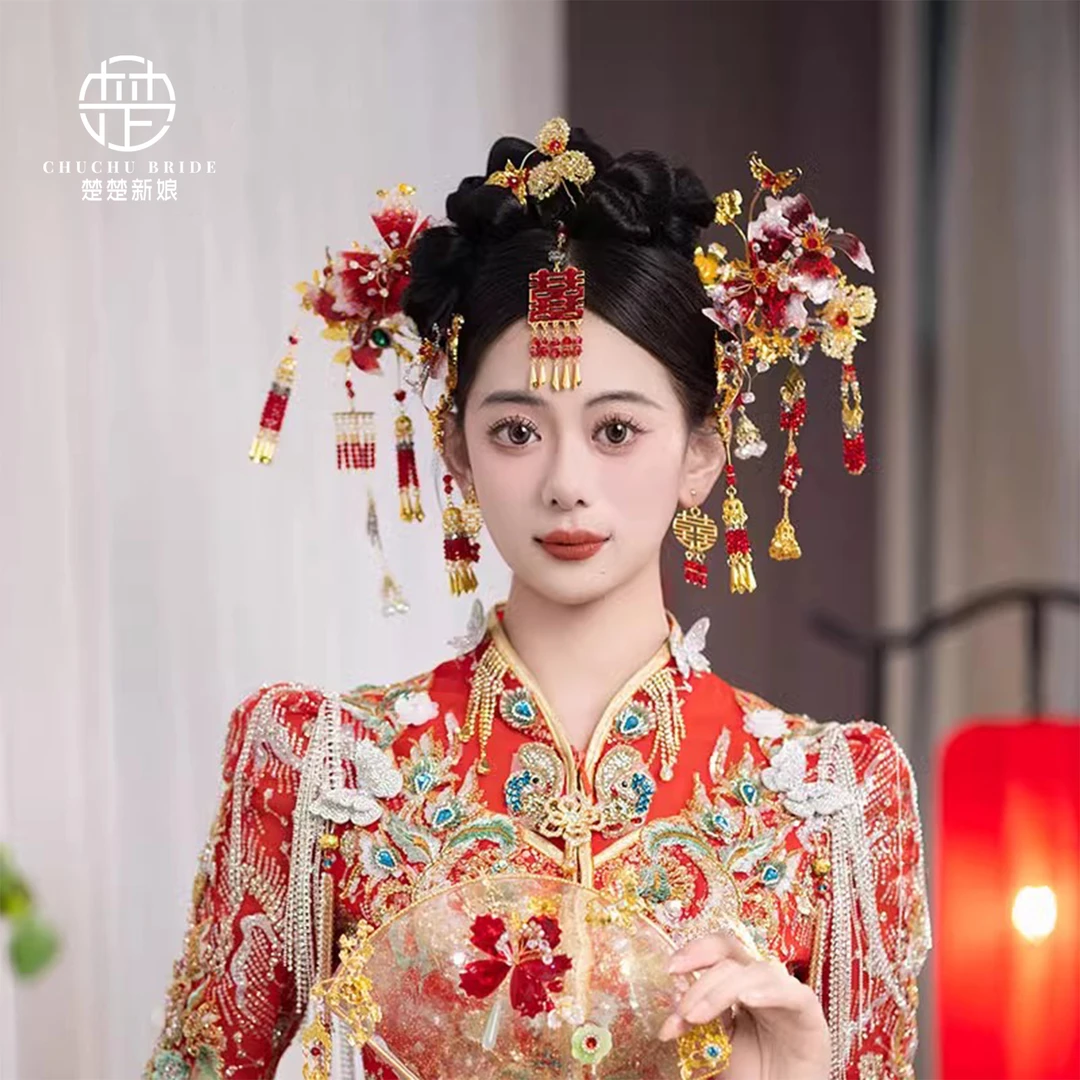 新娘秀禾服头饰红色中式减龄古风汉服龙凤褂结婚传统古装婚礼发饰