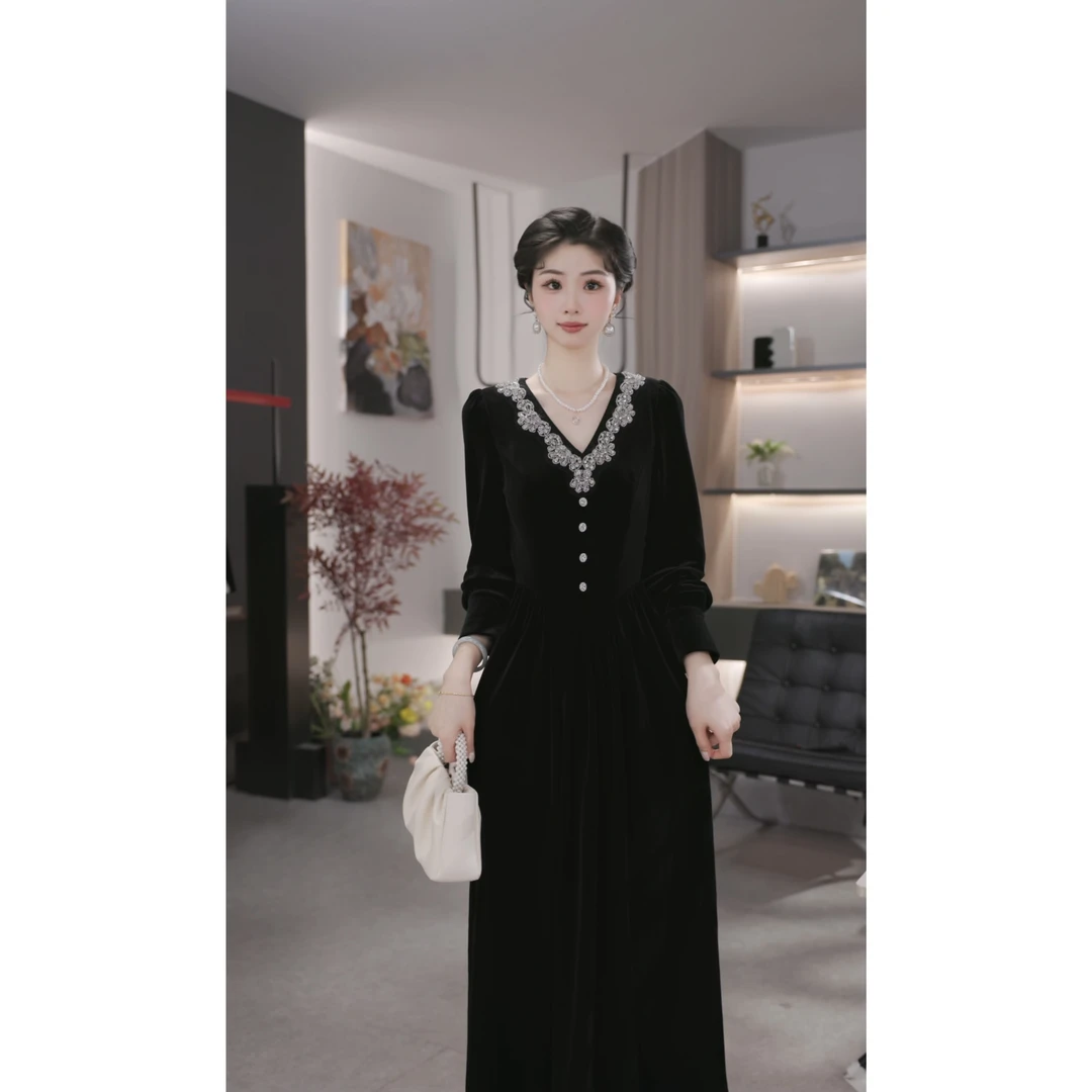 薇宝儿-婷婷【晚风清梦】高定系列丝绒缎显瘦高腰线连衣裙-58231K