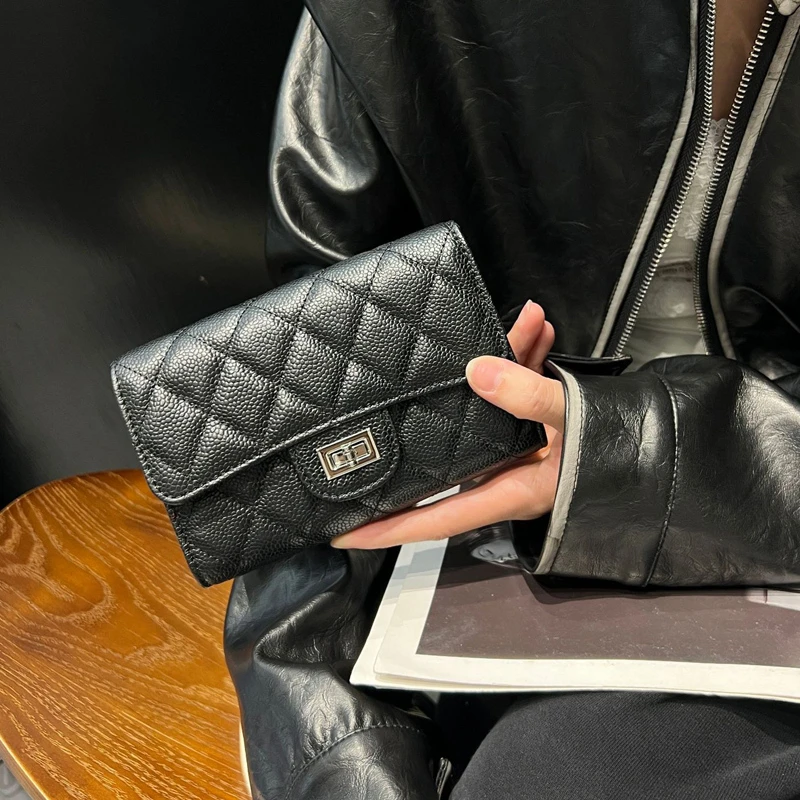 小香风菱格真皮中短款钱包女2025新款牛皮折叠大钞夹多卡位零钱包