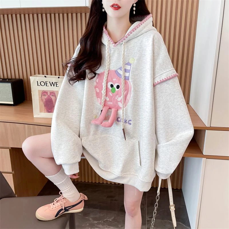 大码女装秋冬新款加绒连帽外套卫衣女宽松显瘦立体刺绣卡通上衣潮