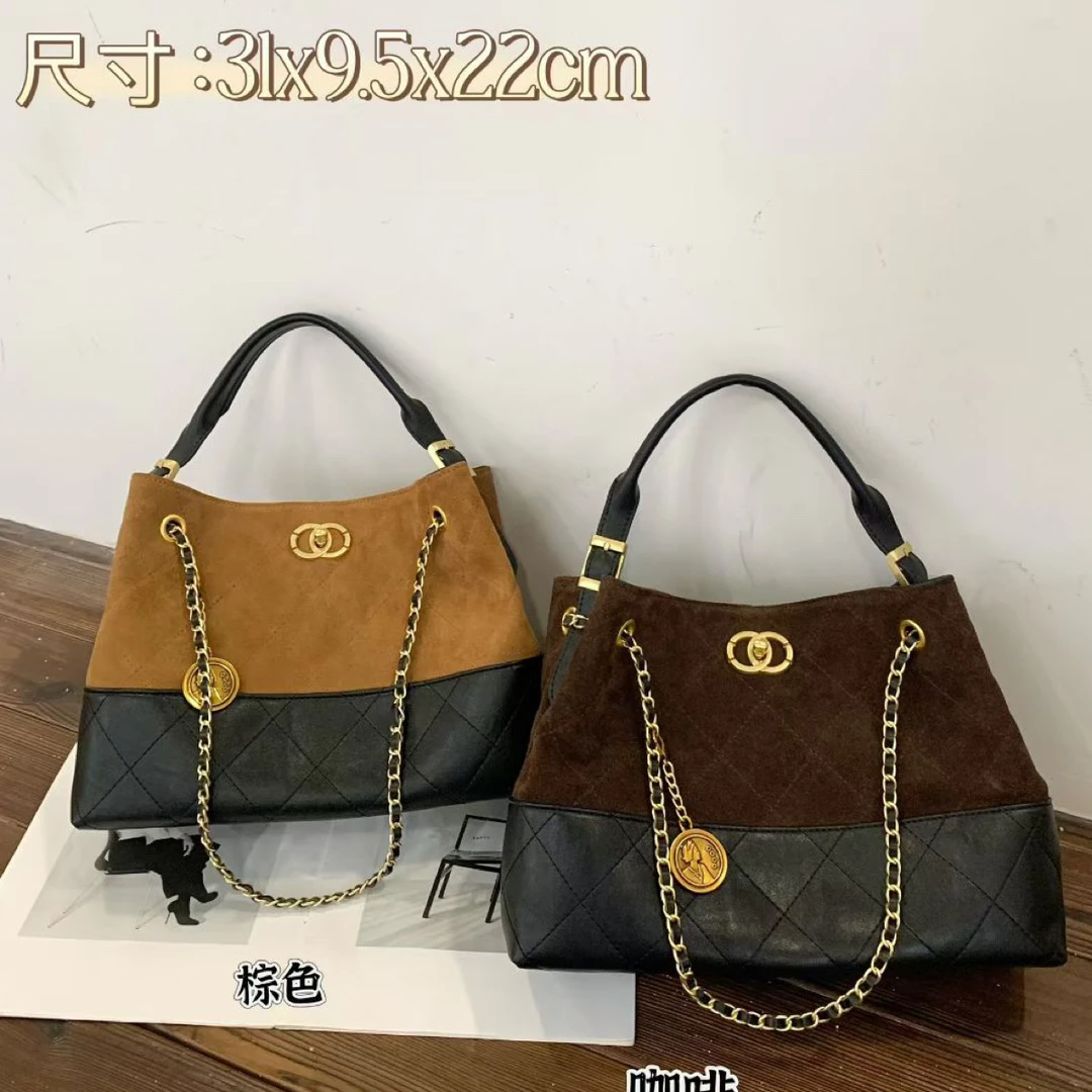3922#麂皮拼接通勤风锁扣斜挎包单根轻奢风菱格链条包手提式