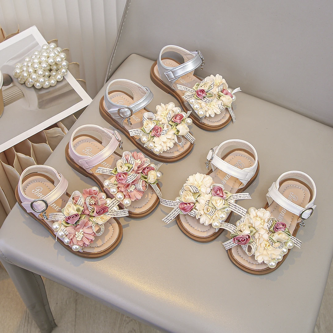 夏季女童凉鞋仙女风公主鞋多巴胺花朵软底洋气沙滩鞋7282
