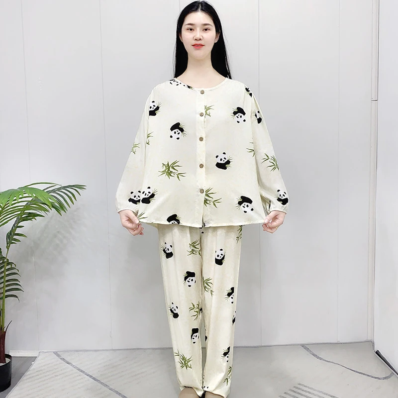 春秋新款棉绸睡衣女士人造棉月子空调服长袖长裤居服套装(Y105)