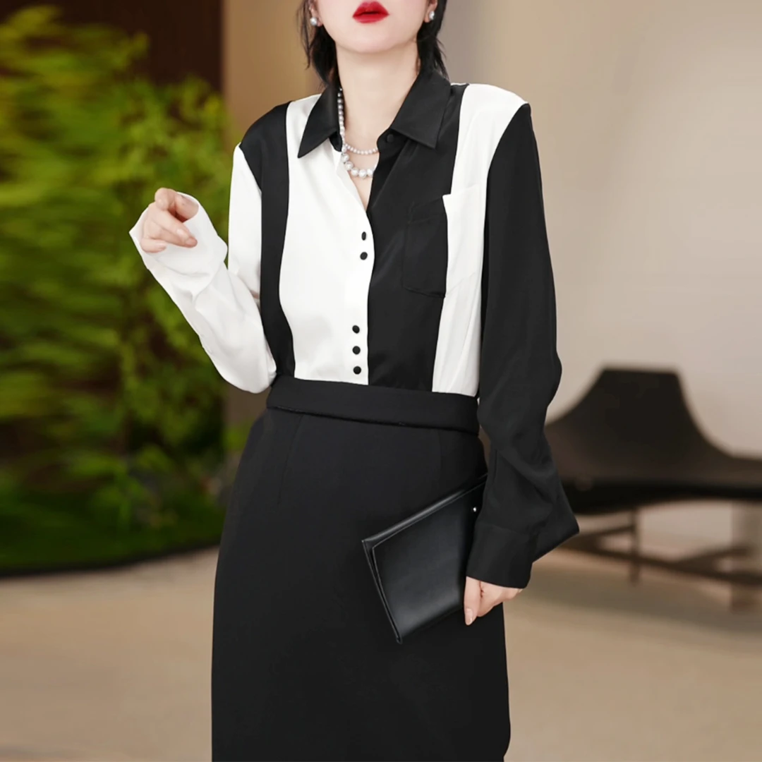 职场通勤黑白拼色三扣衬衫/2023-2
