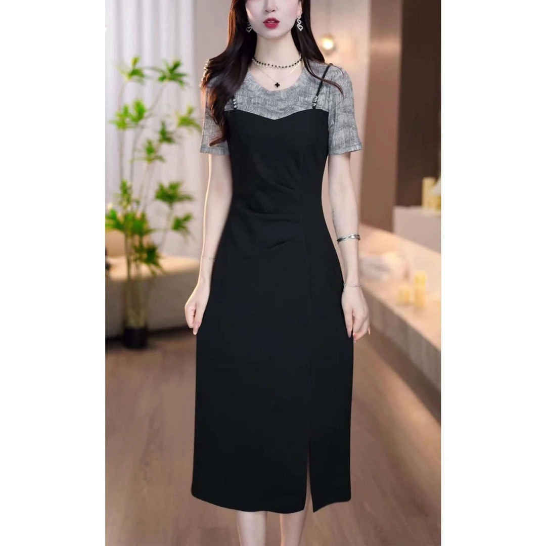时尚拼接中长款开衩连衣裙2025夏季新款气质显瘦假两件短袖休闲裙