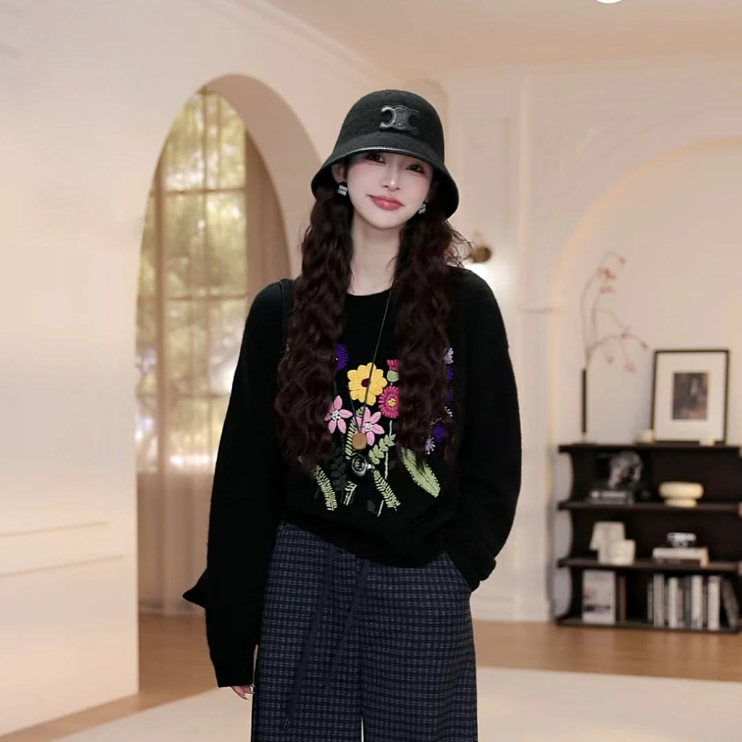 【YY·studio】花朵绣花毛衣女秋季新款圆领套头长袖针织衫上衣8995